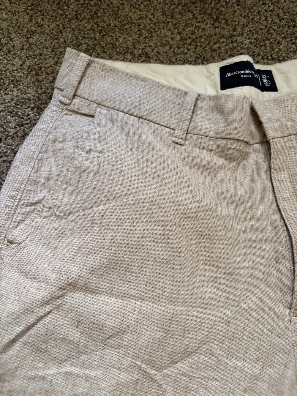 Abercrombie & Fitch Light Tan Linen-Blend Baggy Trousers